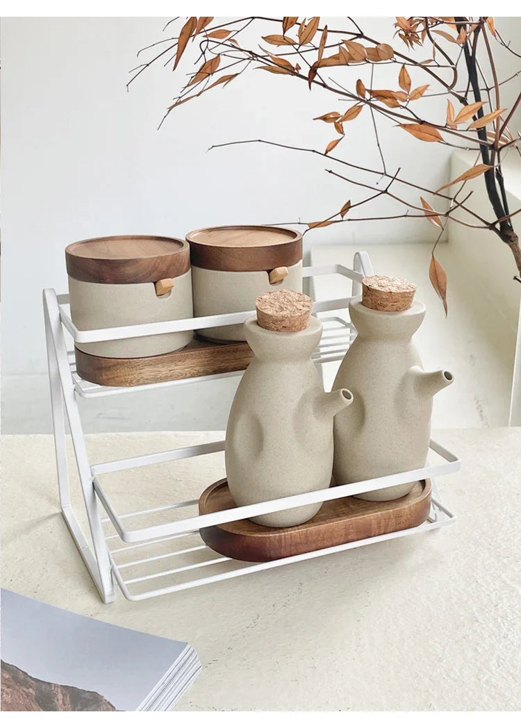 Ceramic Seasoning Jar Retro Japanese Style Home Kitchen Salt Chili Sugar Jar Oil Pot Wooden Lid Spice Kitchen Utensils Modern