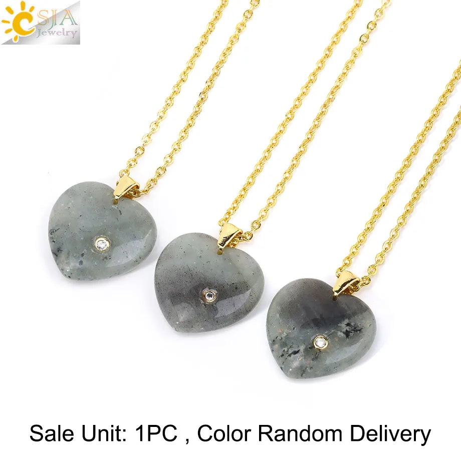 Csja Stainless Steel Heart Pendant Necklace With Natural Stone Amethyst Rose Quartz Crystal For Women DIY Jewelry Makers