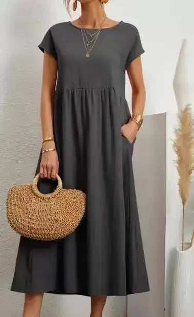 Premium Elegant Solid Cotton Linen Dress Summer Midi with Pockets Loose Fit Casual Crew Neck Short Sleeve for Beach Travel