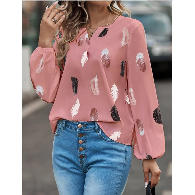 Fashion Woman Blouse Shirts For Women'S Stylish Top Long Sleeve Feather Pattern Female Tops Elegant Chiffon Mujer Woman Clothes