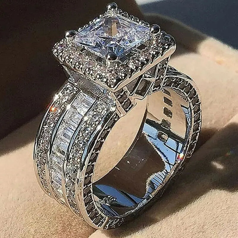 Exquisite Fashion Silver Color Engagement Rings For Women'S Fashion White Zircon Stones Ring Anniversary Bridal Wedding Jewelry