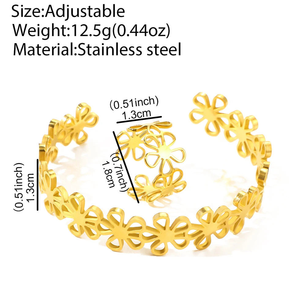 Stainless Steel Bracelet Rings Set Hollow Flowers Unusual Retro Bracelet Ring For Women'S Jewelry Non-Fading High-Quality New