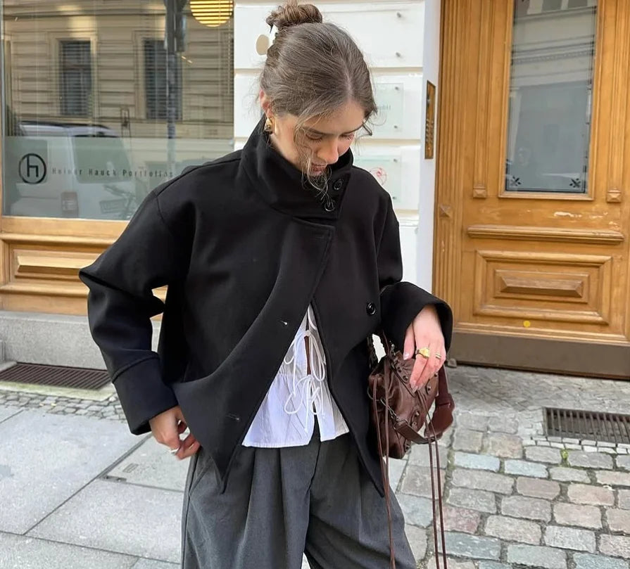 Stand Collar Women Winter Woolen Coat 2025 Spring Single Breasted Loose Female Long Sleeve Jacket Office Lady Street Short Coats