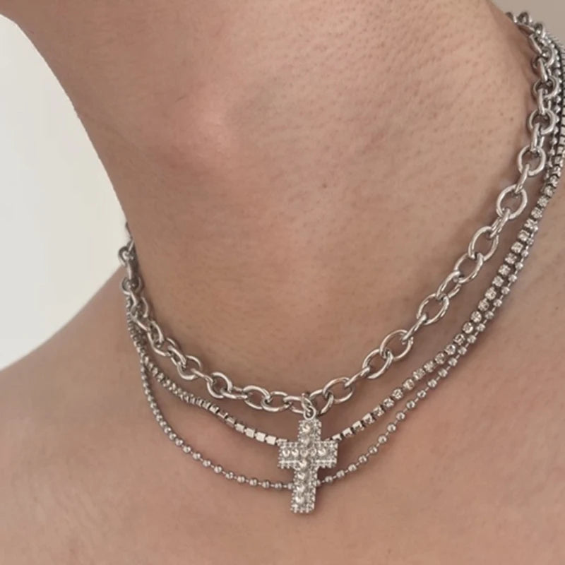 Rhinestone Cross Pendant Necklace Spicy Girl Sweet and Cool Style Multi Layered Necklace Choker Gift for Women Choker Jewelry