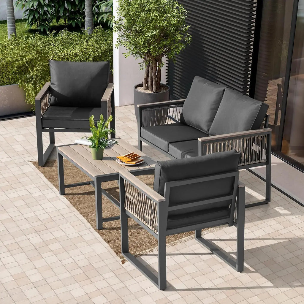 4 Pieces Outdoor Patio Furniture Set, 4 Seats Sectional with Coffee Table, All Weather Wicker Patio Conversation Sets, Custom