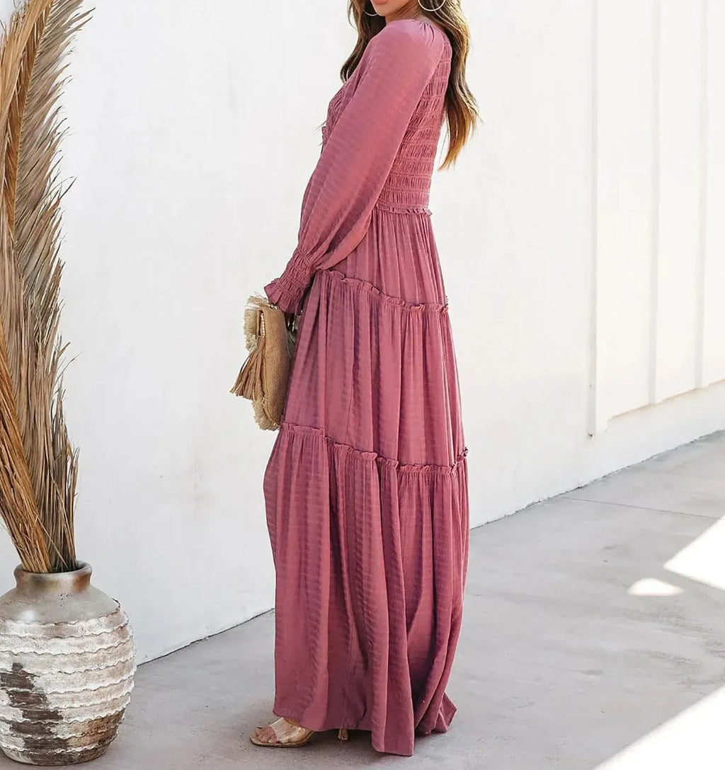 Long Dress Women Vintage V Neck Long Sleeve Dresses Loose Y2k High Waist Shirring Casual Summer Loose 2026 Elegant Slight Strech