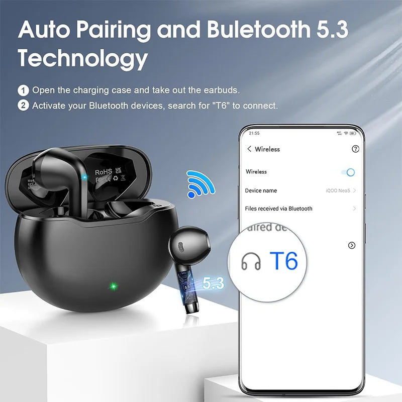 T6 Wireless Earbuds Bluetooth 5.3 ANC Active Noise Cancelling Headphones 48H Playtime IPX7 Waterproof HiFi Deep Bass in-Ear Sport Earphones with HD Mic for iPhone Samsung Android.