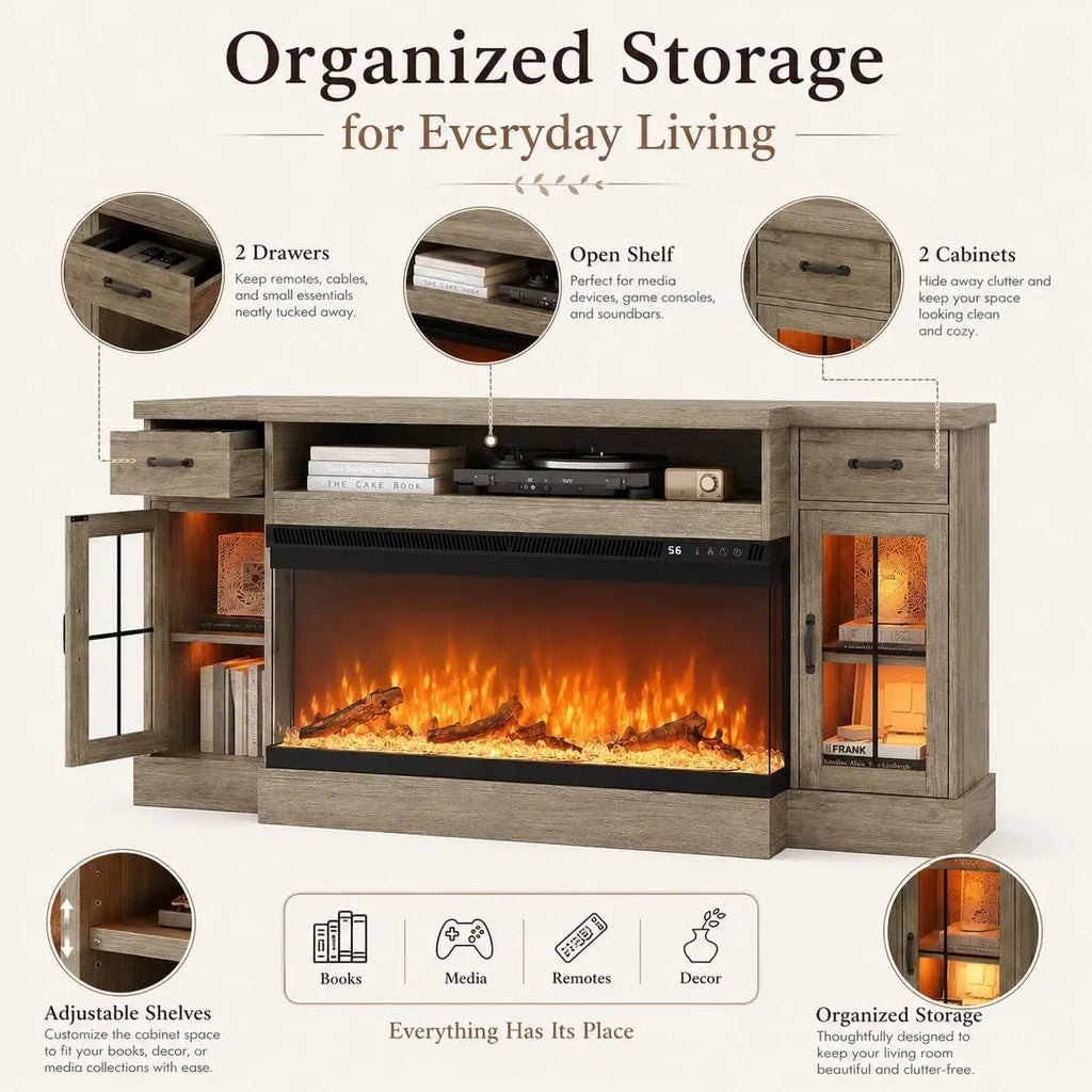 70" Farmhouse TV Stand with 3-Sided Electric Fireplace, Wash Grey