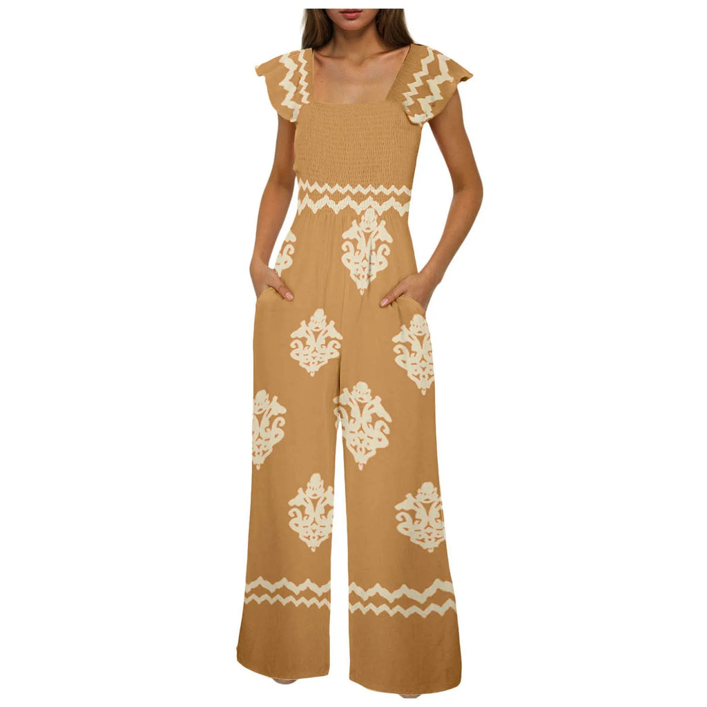 Womens Beach Vacation Tight Jumpsuits Boho Retro Print Cap Sleeve High Waist Wide Leg Romper With Casual Jumpsuits With Pockets