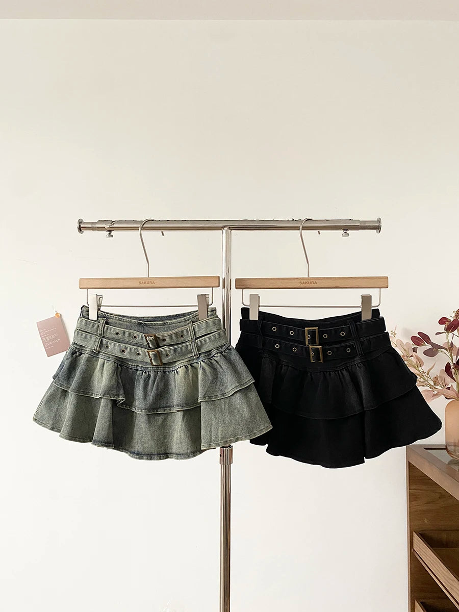 Low Waist Denim Skirt Women's Spring 2026 New Style Double Belt Anti-Light Short Skirt Casual High Waist Polyester Fiber