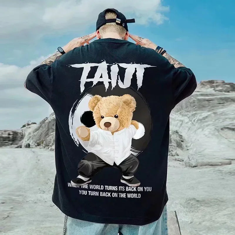 M-8Xl Men'S T Shirt Oversized Streetwear Hip Hop Loose Fashion Korean Short Sleeve Round Neck Print Kung Fu Bear Couple Clothes