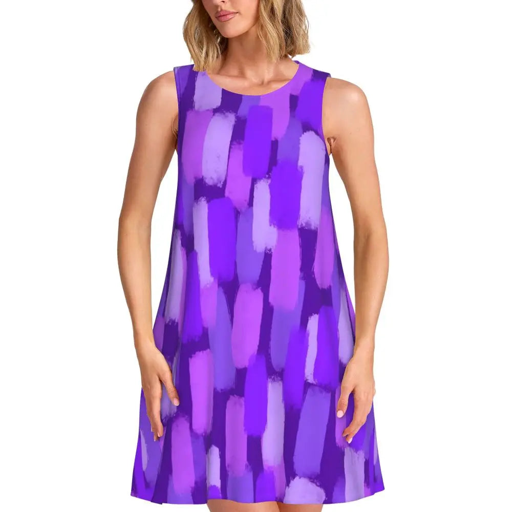 Abstract Brush Print Casual Dress Colorful Print Sleeveless Pretty Dresses Woman Crewneck Aesthetic Dress Spring Print Clothes