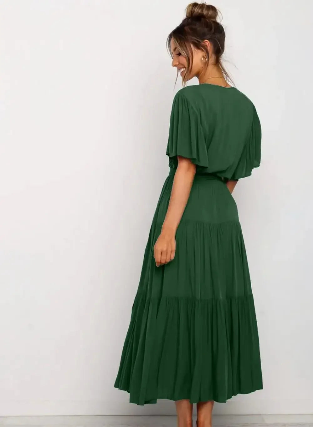 Summer Bohemian Long Dress Pure Color V-Neck Short Sleeve Empire Waist Design Floor Length with Belt Loose Fit Women's Dress