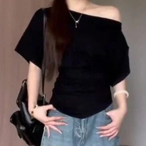 Black Asymmetrical Shoulder Folded Waist Short Sleeve Women's Korean Style Slimming Versatile Pure Desire Personality Half Sl...