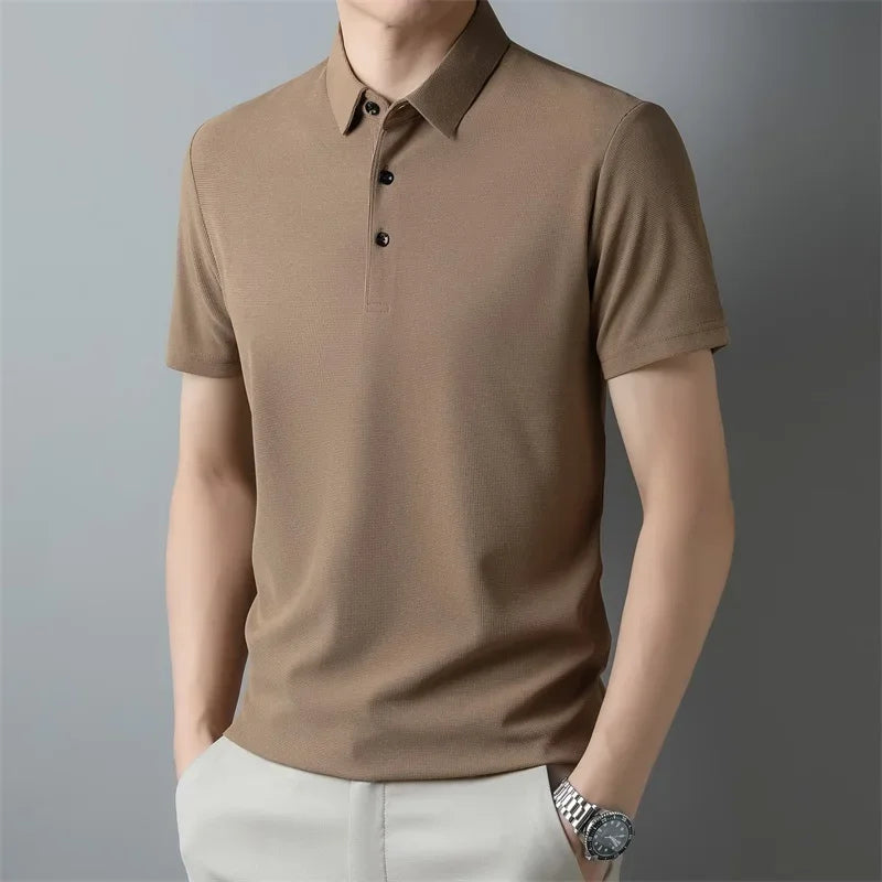 Men'S Fashion Waffle Solid Short Sleeved Polo Shirt Summer Breathable Comfortable Top
