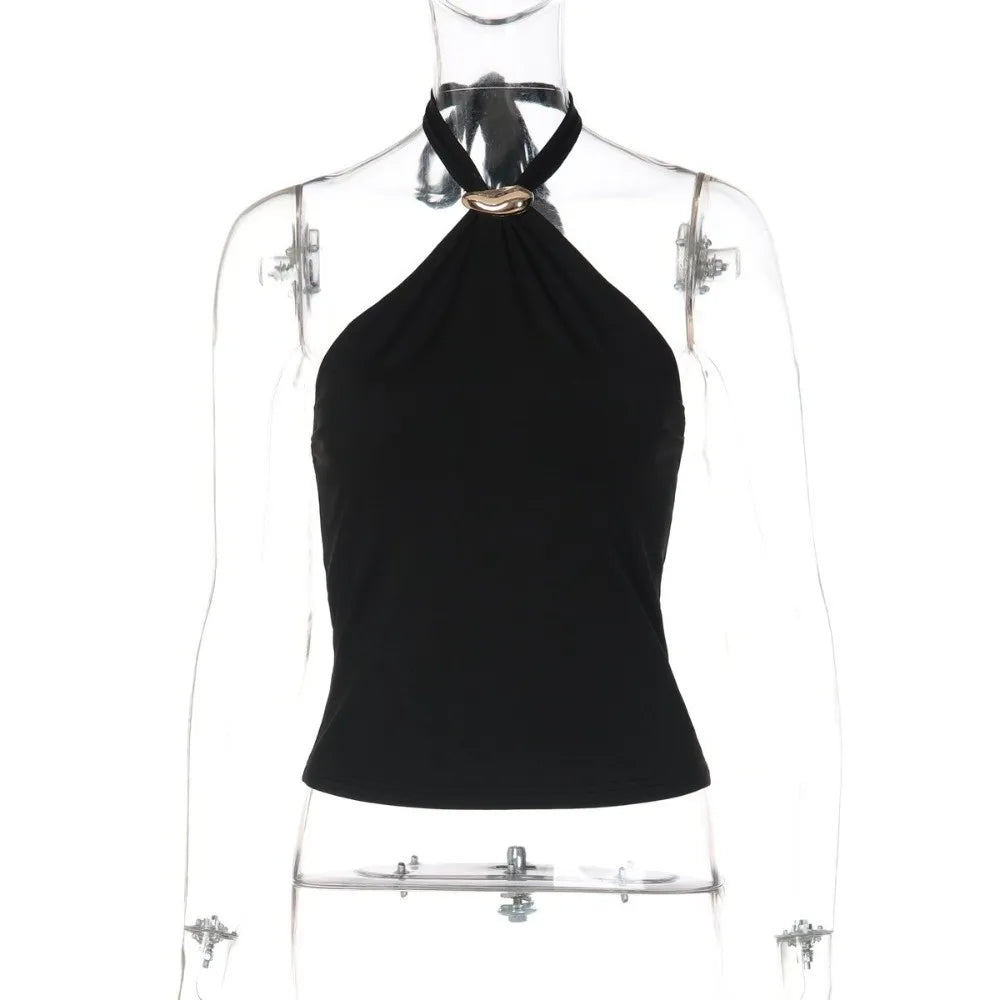 Sexy Versatile Halter Top Solid Color Camisole Style Lace Up Top Slim Fit Sleeveless Tank Top Women Summer Wear