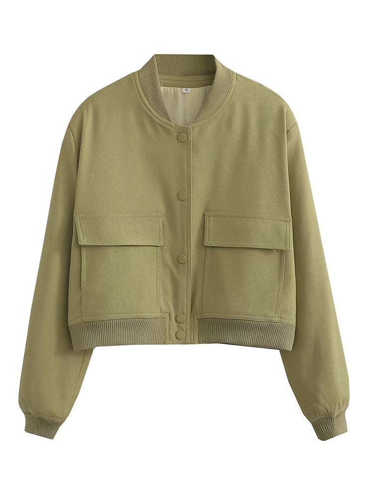 Women's Vintage V-Neck Bomber Jacket with Pockets