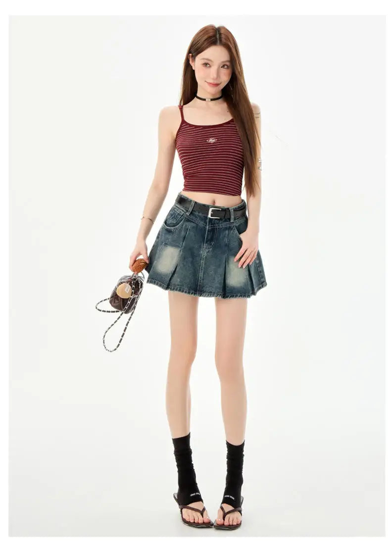 Trendy High Waist Pleated  Denim Skirt Women's Spring Summer New Lazy Style A-Line Half-length Jeans Skirts