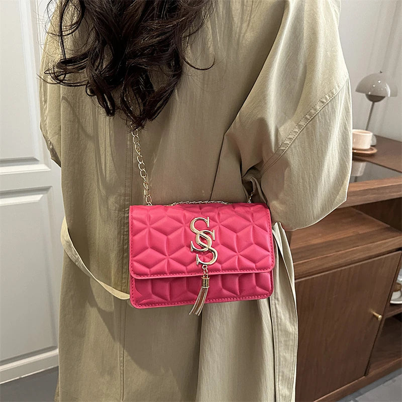 Fashionable Small Fragrant Style Argyle Quilted Small Square Bag Metal Letter Tassel Diagonal Cross Bag Commuter Shoulder Bag