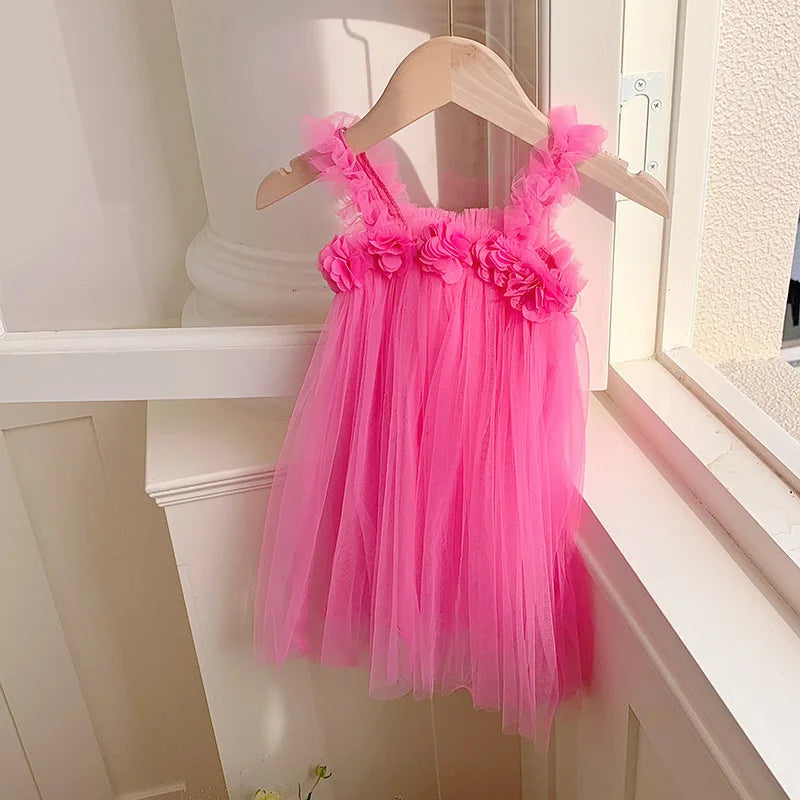 Kids Sweet Mesh Dress 1-6T Summer Children Mesh Tulle Princess Slip Tutu Dresses Girls 6 Colors 3D Flower Mermaid Birthday Dress
