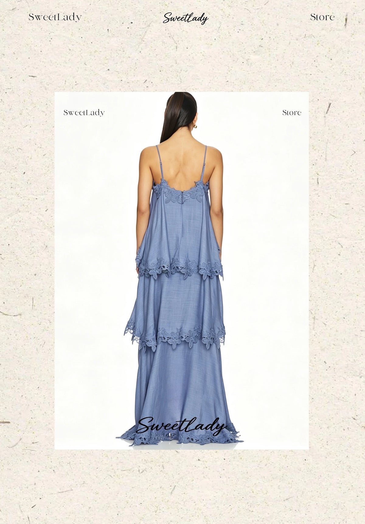 SweetLady Blue Spaghetti Strap Tiered Lace Trim Maxi Gown, Flowy Boho Layered Long Dress for Summer Holiday Bridesmaid
