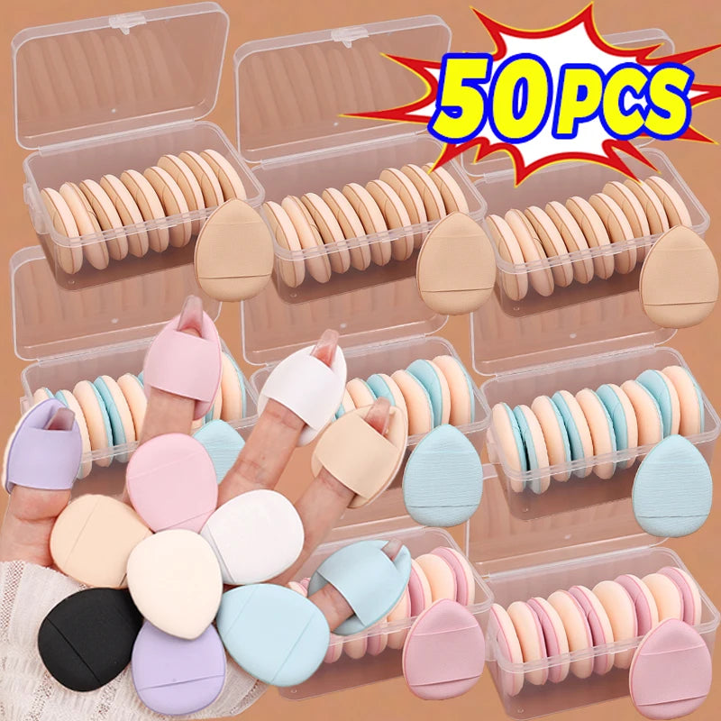 50Pcs Mini Finger Cosmetic Puff Set with Box Water Droplet Shape Air Cushion Detail Makeup Puffs Concealer Foundation Applicator
