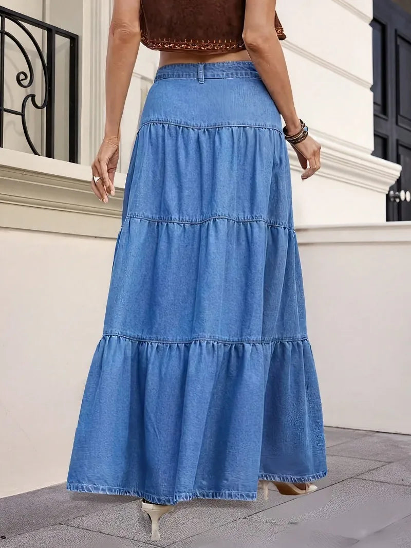 Maxi Skirts Boho Style Cotton Women's Skirt Femme High Waist Denim Skirts Mujer Vacation Bottoms A-line Layered Skirt Streetwear