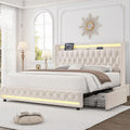 Upholstered Queen LED Bed Frame w/Storage & Charging Headboard, Beige | Modern Style Queen Size Platform Bed, Velvet Crystal
