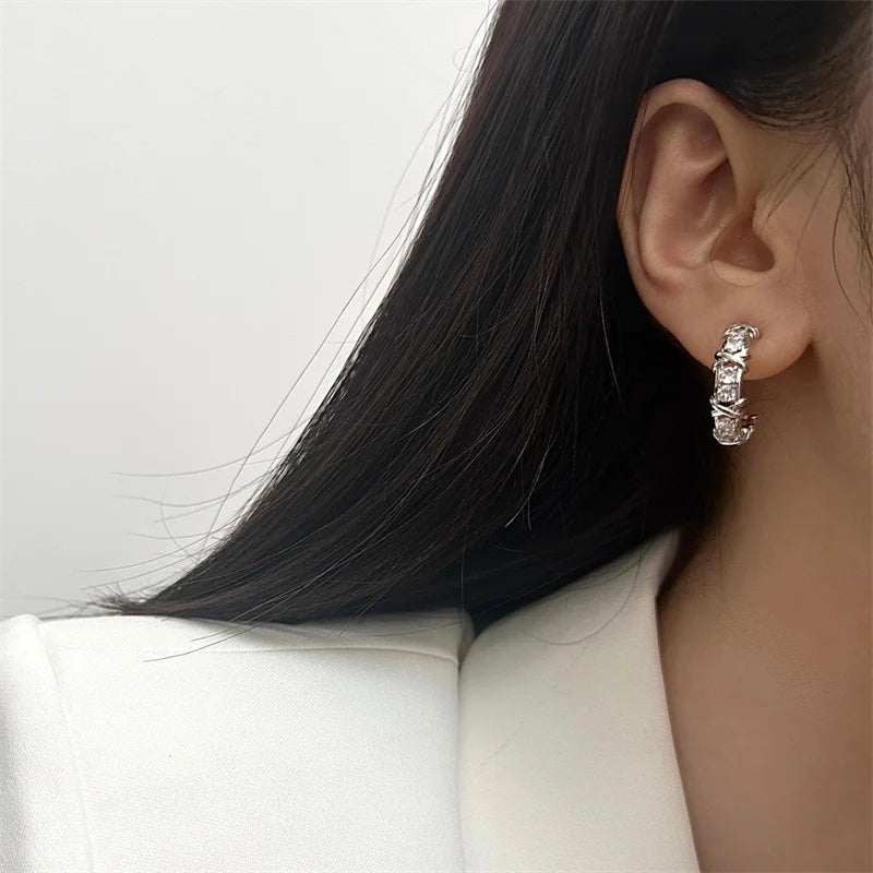 Vintage Cc Design Stud Earrings For Women'S Korean Fashion X Cross Zircon Earring Engagement Jewelry Gifts
