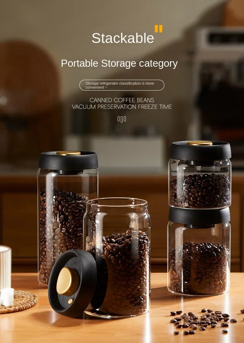 Multi Capacity Black Lid Coffee Pot Manual Vacuum Moisture-proof Storage Pot Kitchen Glass Teapot Coffee Bean Storage Sealed Jar