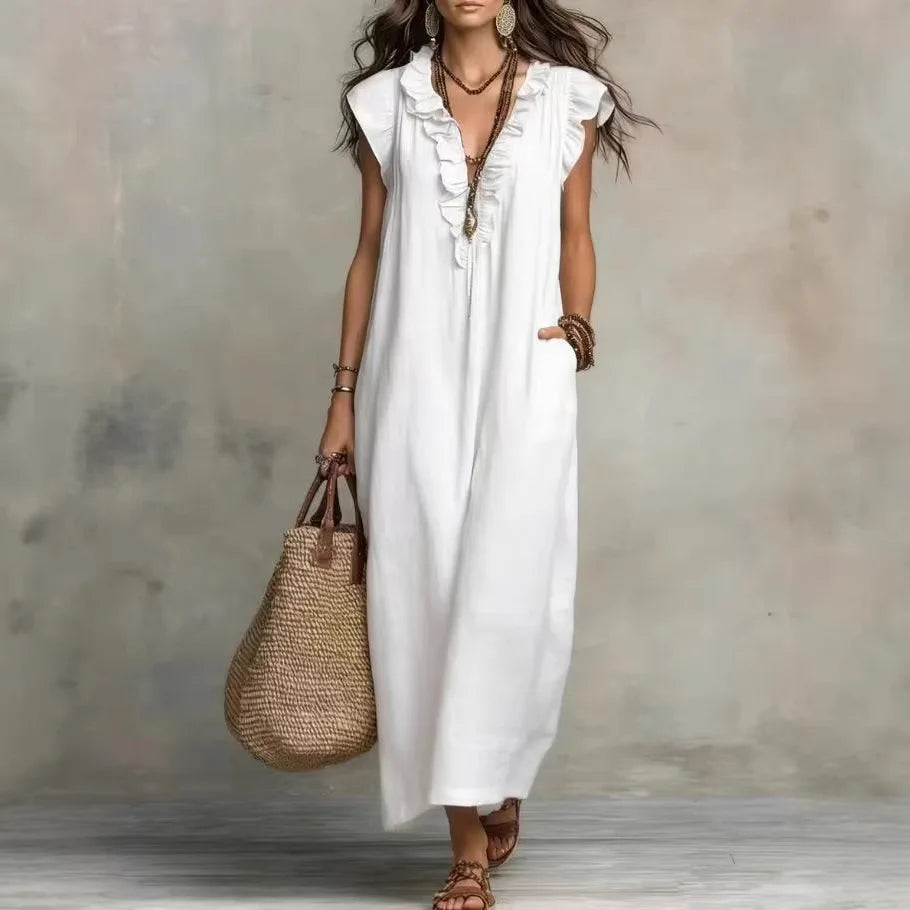 2026 Summer Women Boho Cotton Linen Maxi Dress Solid Color Ruffle V Neck Sleeveless Loose Long Dresses With Pockets Casual Beach