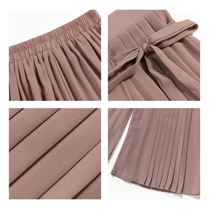 Summer Elastic Pleated Skirt Women Chiffon Trouser Skirt High Waist Casual Wide Leg Pants Fashion Streetwear Pants Pantalones