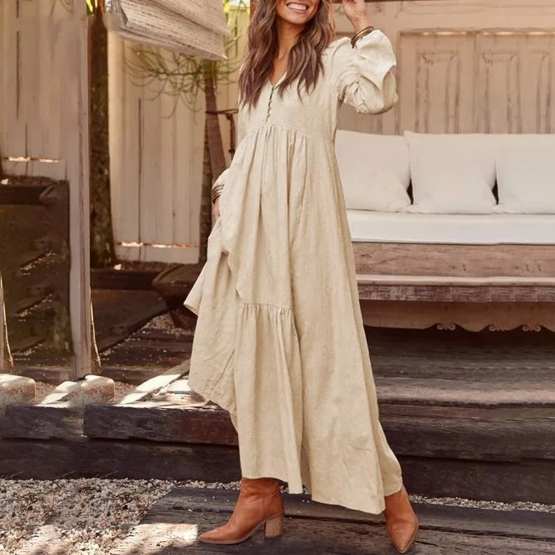 Loose Long Sleeve Cotton Linen Dress Retro Button Spring Autumn Vacation Women Skirt