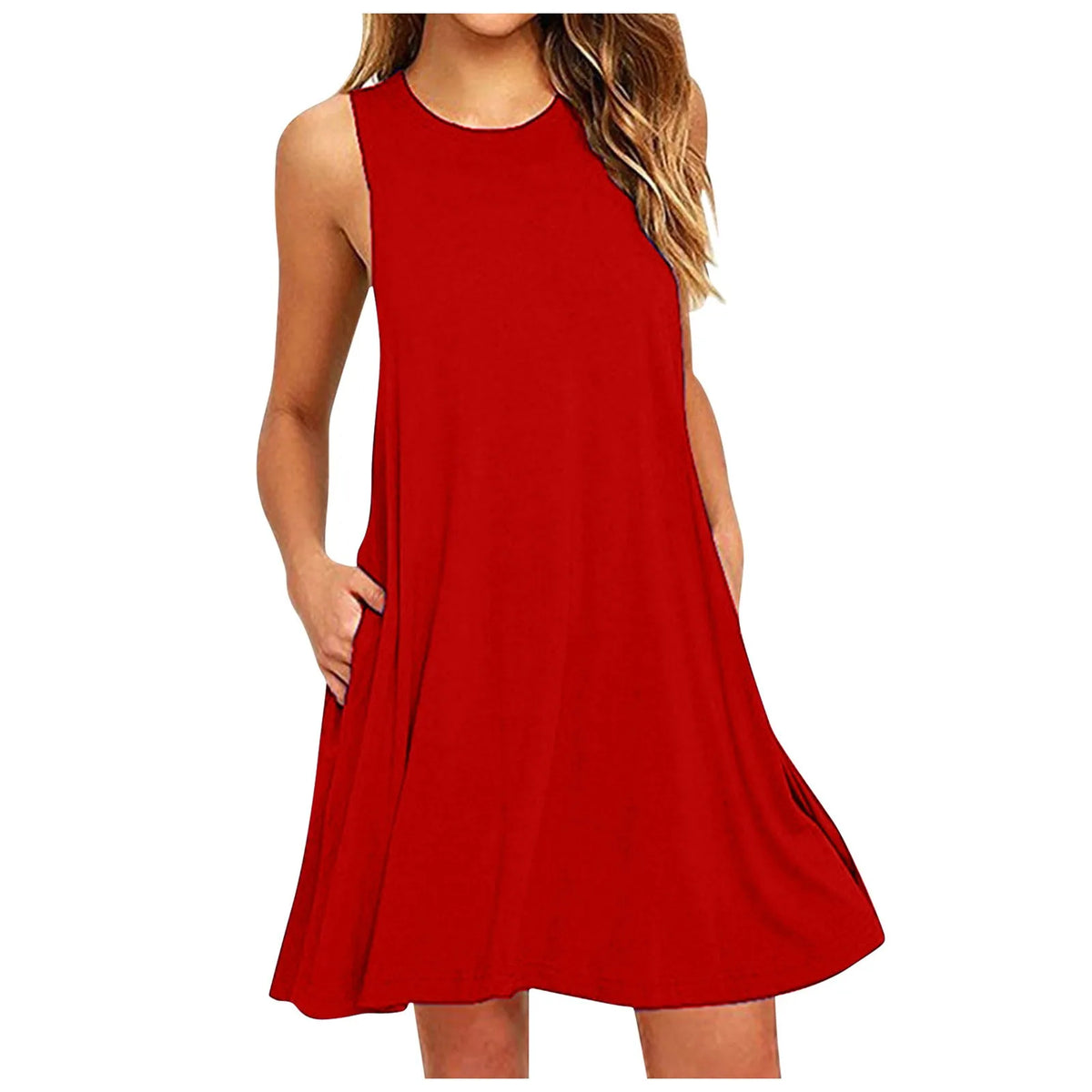Women's Dress Summer Casual T Shirt Dresses Beach Cover Up Plain Pleated Tank Pockets Dress Sleeveless Solid Color Sundress