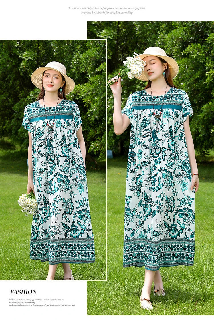 New Fashion Casual 2025 Summer Elegant Dresses For Women O-Neck Print Vintage Short Sleeve Dress Loose Women Clothing