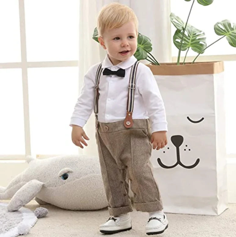 Newborn Baby Boy Formal Suit  Party Birthday Wedding Toddler Boys Outfit  Jumpsuit+Waistcoat+Beret+Bowtie+Suspender 0-3 Months