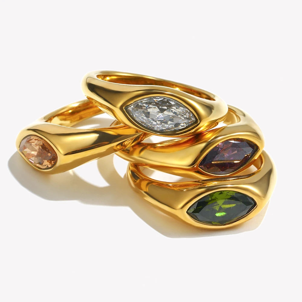 E.B.Belle Horse Eye Zircon Seal Ring 316L Stainless Steel Hypoallergenic 18K Gold Plated For Women