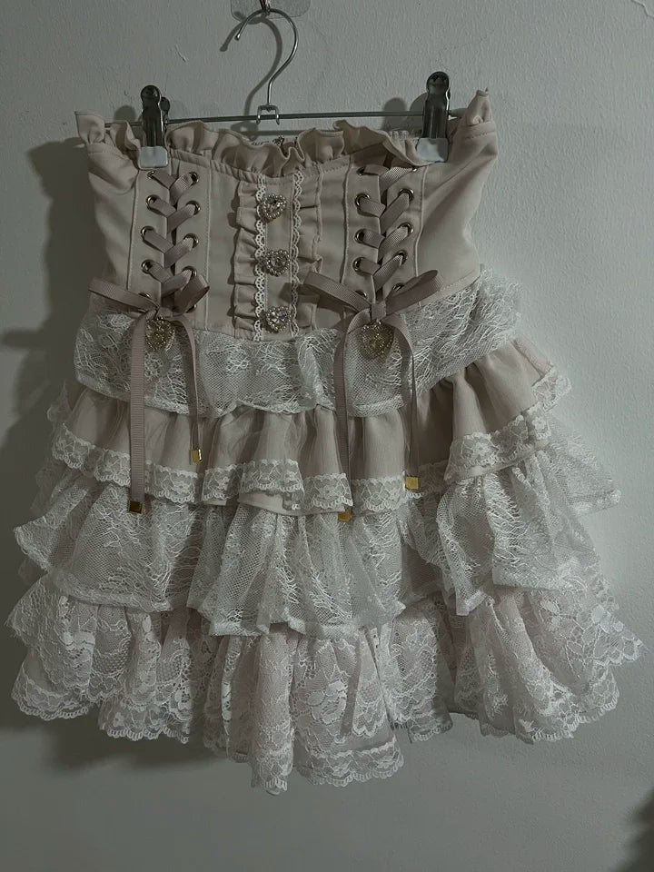 Japanese Lolita Lace Layered Skirt Women Anime High Waist Maid Style Sweet Ruffle Cake Skirt Kawaii Harajuku A-Line Mini Skirt
