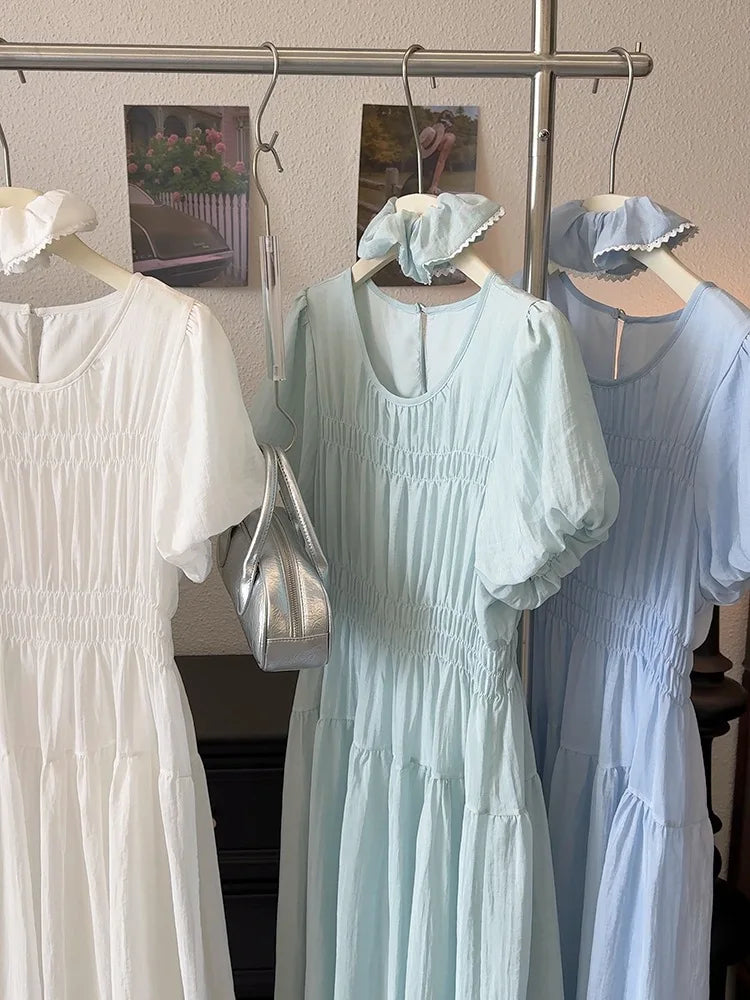 Temperament Dress 2025 Summer Korean Edition Reduced Age Bubble Sleeve Hundred Fold Waist Long Dress