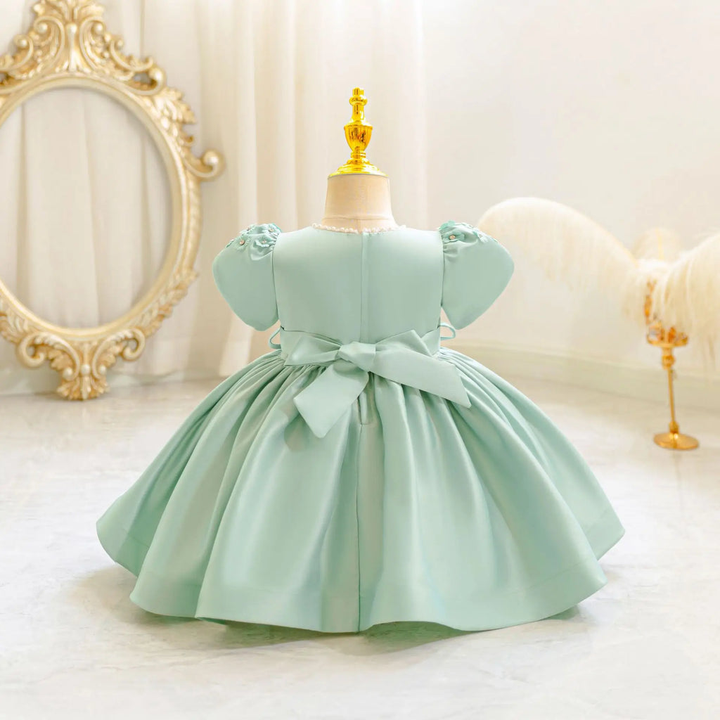 HETISO Baby Girls Dress Ribbon Bow Newborn Princess Party Ball Gown Satin Pearls Kids 1 Years Birthday Wedding Costume