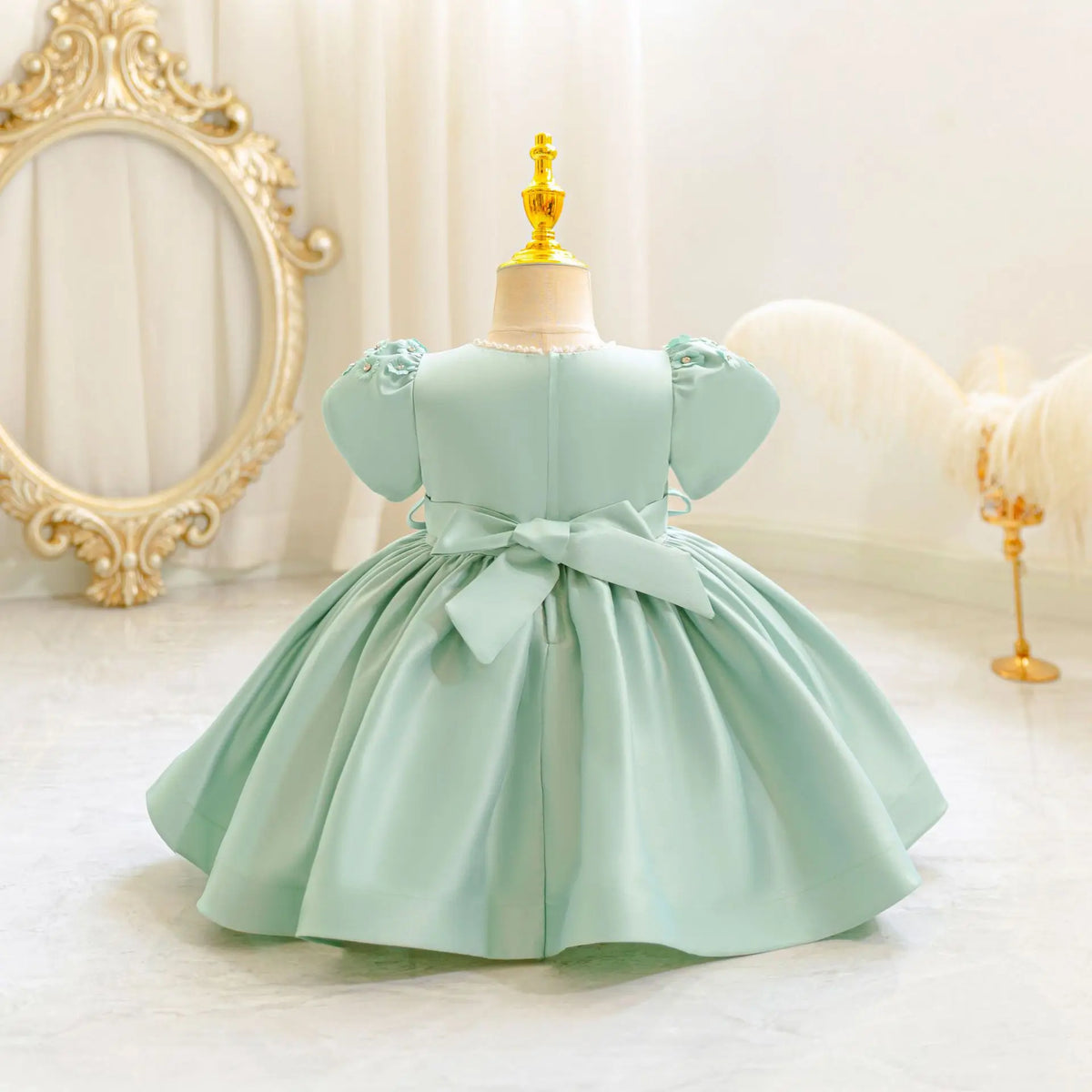 HETISO Baby Girls Dress Ribbon Bow Newborn Princess Party Ball Gown Satin Pearls Kids 1 Years Birthday Wedding Costume