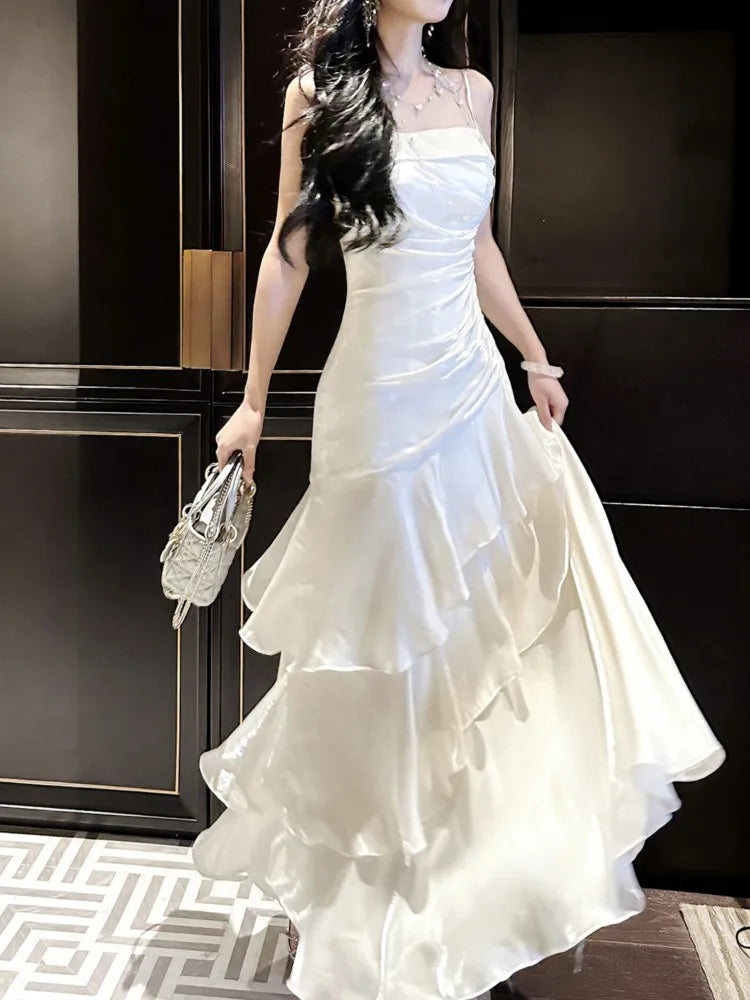 Women's Ruffles Elegant Romantic Spaghetti Straps Dresses Prom Gown Princess Graduation Party Sling DressFestival Formal Clothes