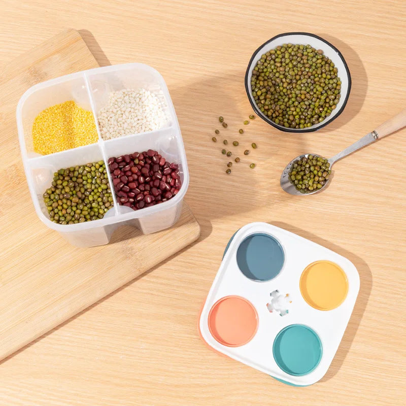 Caja de almacenamiento de cereales para cocina, de plástico, con 4 compartimentos, tarro sellado para cereales, recipiente para alimentos, tanque de grano a prueba de humedad, caja para mantener frescos los espaguetis