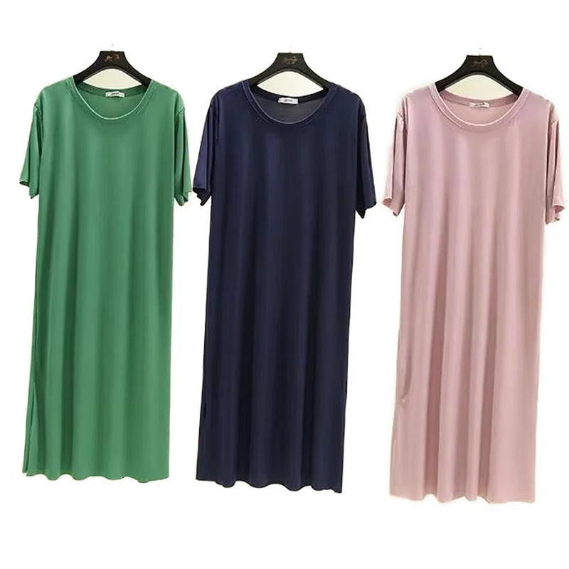 Fresh candy color night dress women new ice silk cotton summer nightshirt casual loose nightgowns student's sleepwear dresses