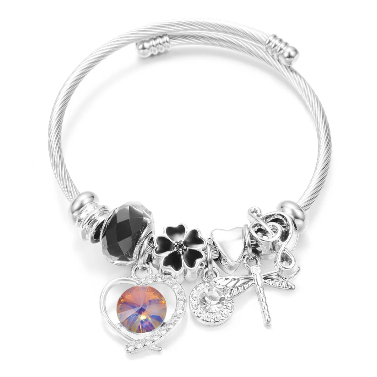 New Trendy Rhinestones Dragonfly Crystal Beaded Pendant Bracelet Stainless Steel 4 Colors Closure Bangles Women'S Bracelet Jewelry