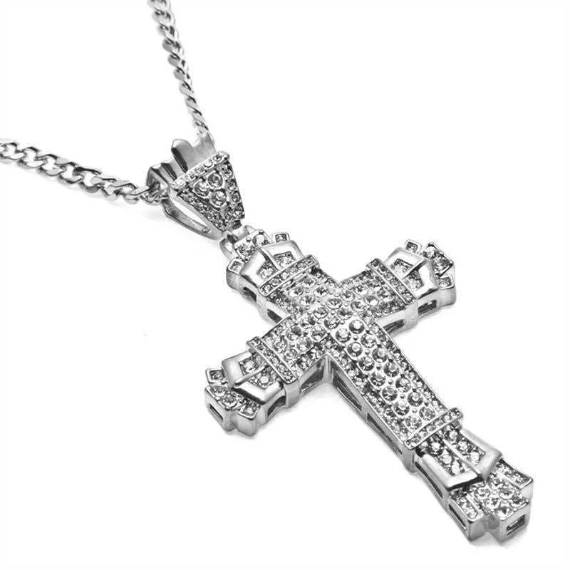 1 Style Men'S Rhinestone Christian Cross Rhinestone Pendant Necklace Personality Fashion Street Domineering Chain Jewelry