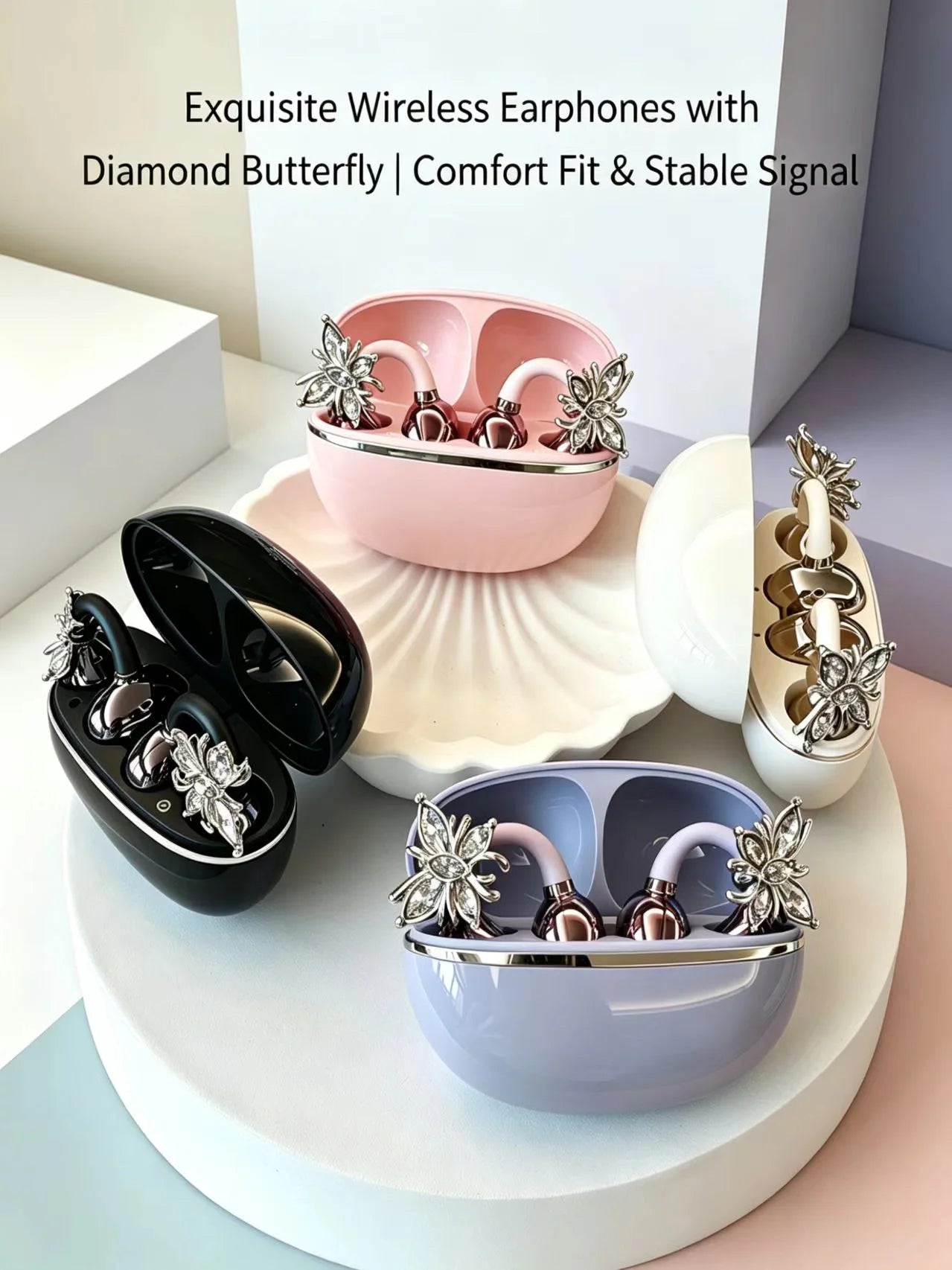 Universal Open Hook Bluetooth Headphones HD Noise Reduction Call Wireless Earphones , Come with Extra Crystal Diamond Butterfly