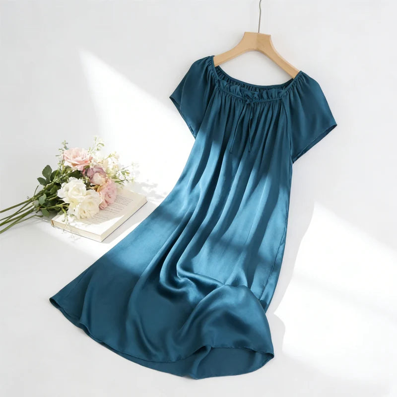 Women's Summer Casual Clothing 100% Natural Mulberry Silk Plain Satin Loose Short Sleeved Solid Color Princess Nightdress
