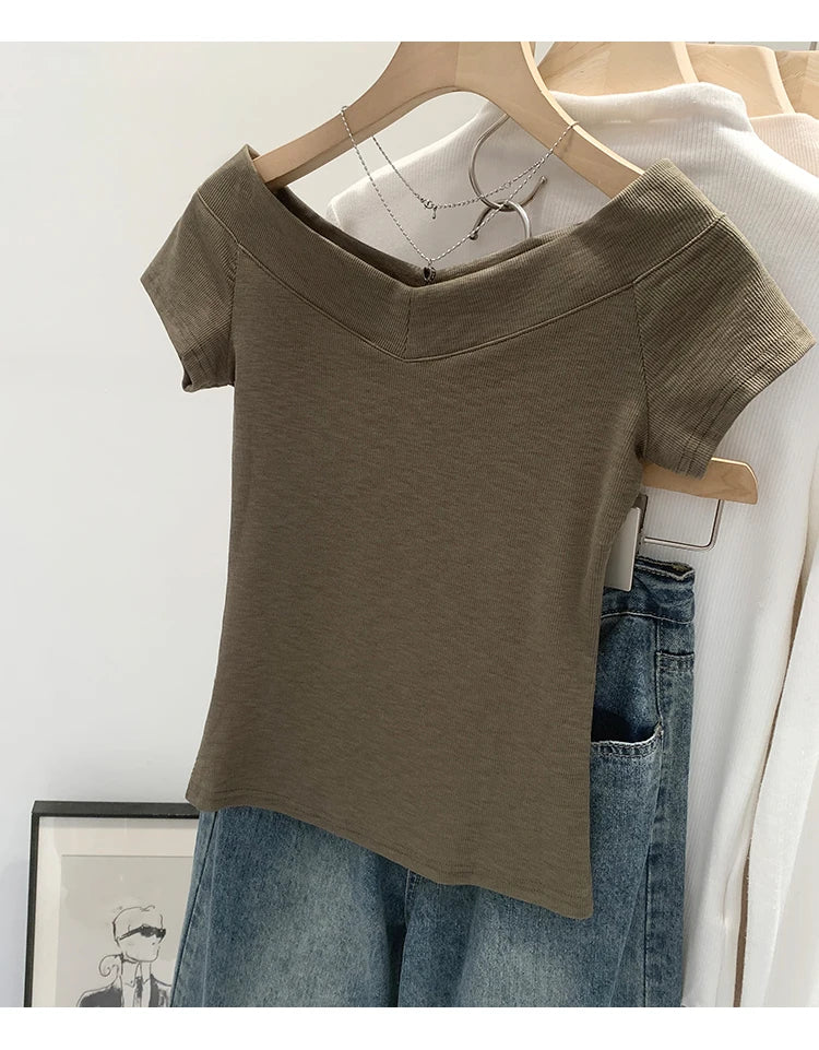 Pink Shoulder Bared Short Sleeve T Shirt Women's Summer New Style Ageless Lady Pure Desire Spicy Girl Top Simple Backless Design