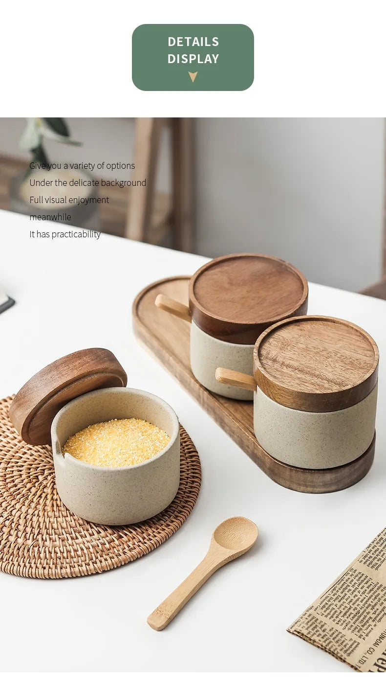 Retro Ceramic Seasoning Jar Pepper Storage Bottle Round Ceramic Seasoning Jar with Wooden Lid Salt Pepper Kitchen Tool
